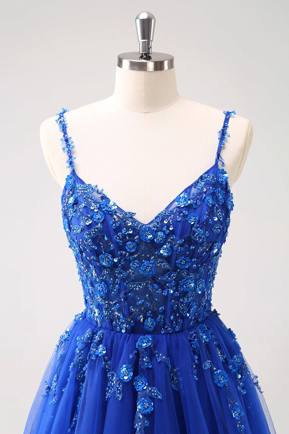 Sparkly A-Line Royal Blue Spaghetti Straps Corset Long Prom Dress - Image 4