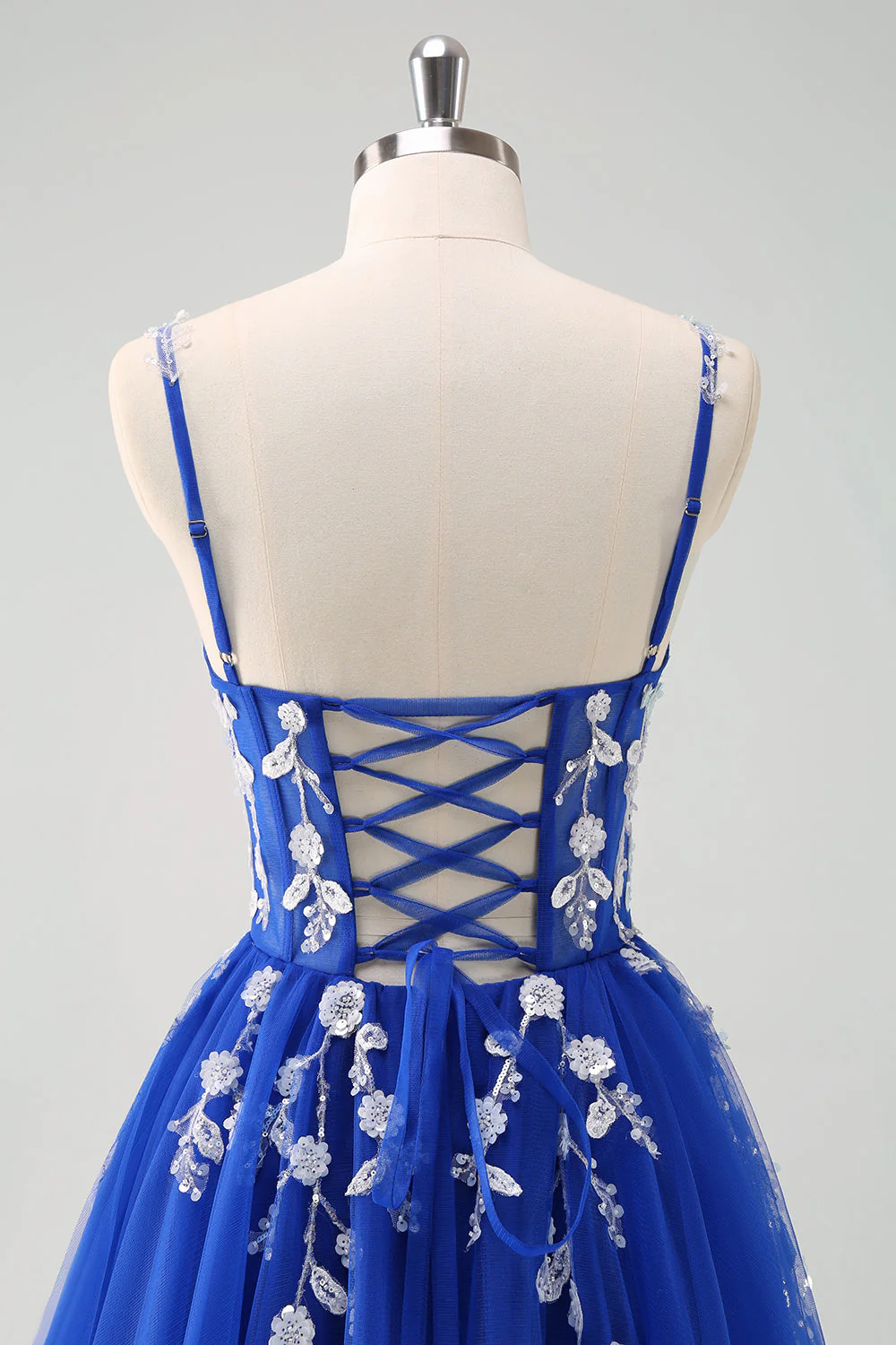 Sparkly A-Line Royal Blue Spaghetti Straps Corset Long Prom Dress - Image 40