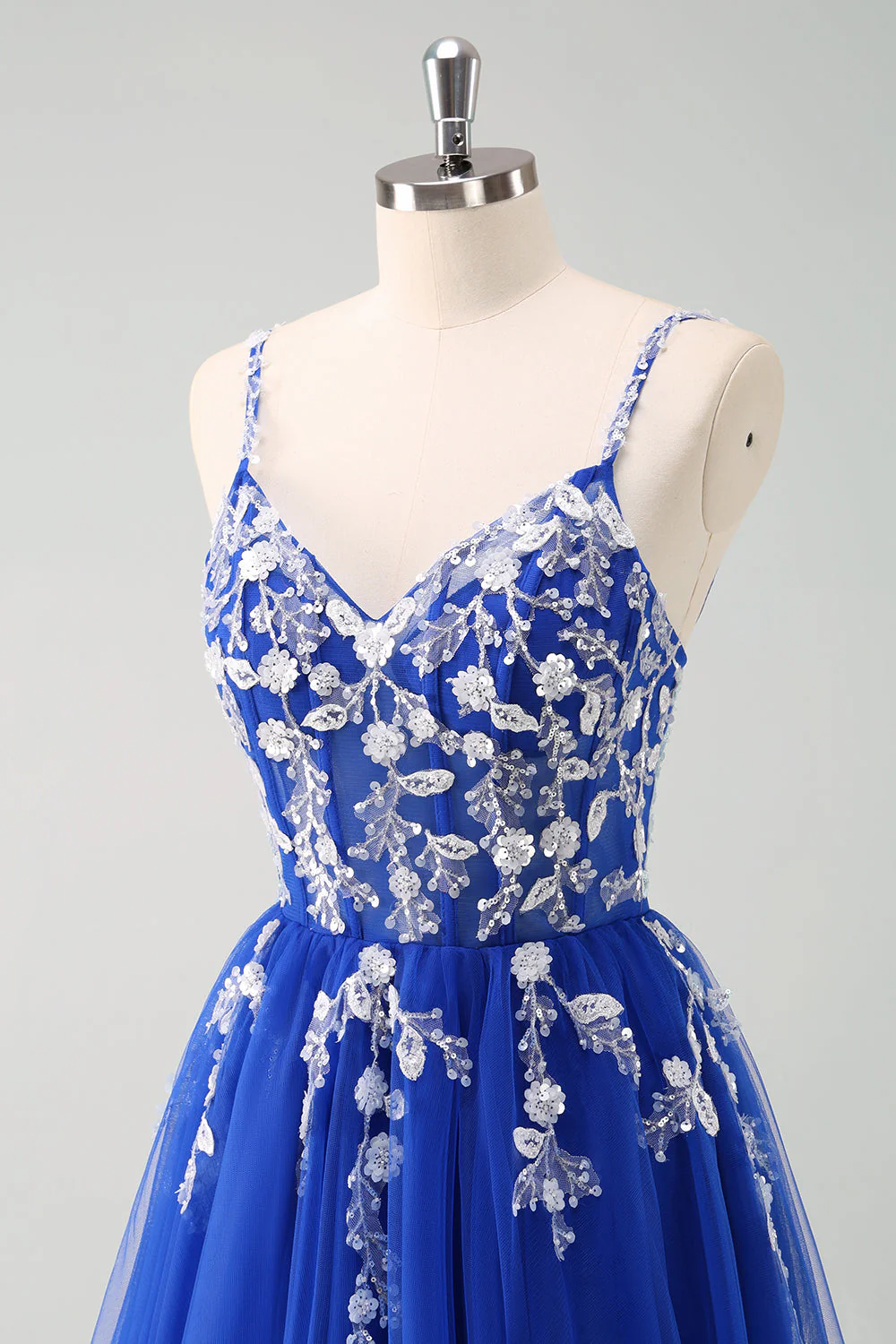 Sparkly A-Line Royal Blue Spaghetti Straps Corset Long Prom Dress - Image 41