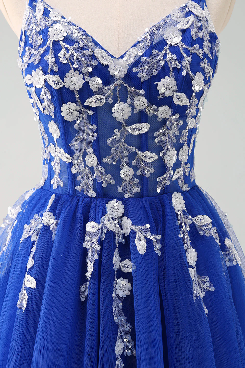 Sparkly A-Line Royal Blue Spaghetti Straps Corset Long Prom Dress - Image 42