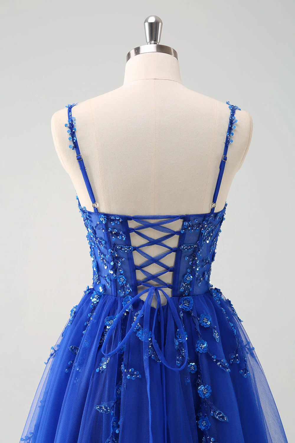 Sparkly A-Line Royal Blue Spaghetti Straps Corset Long Prom Dress - Image 5