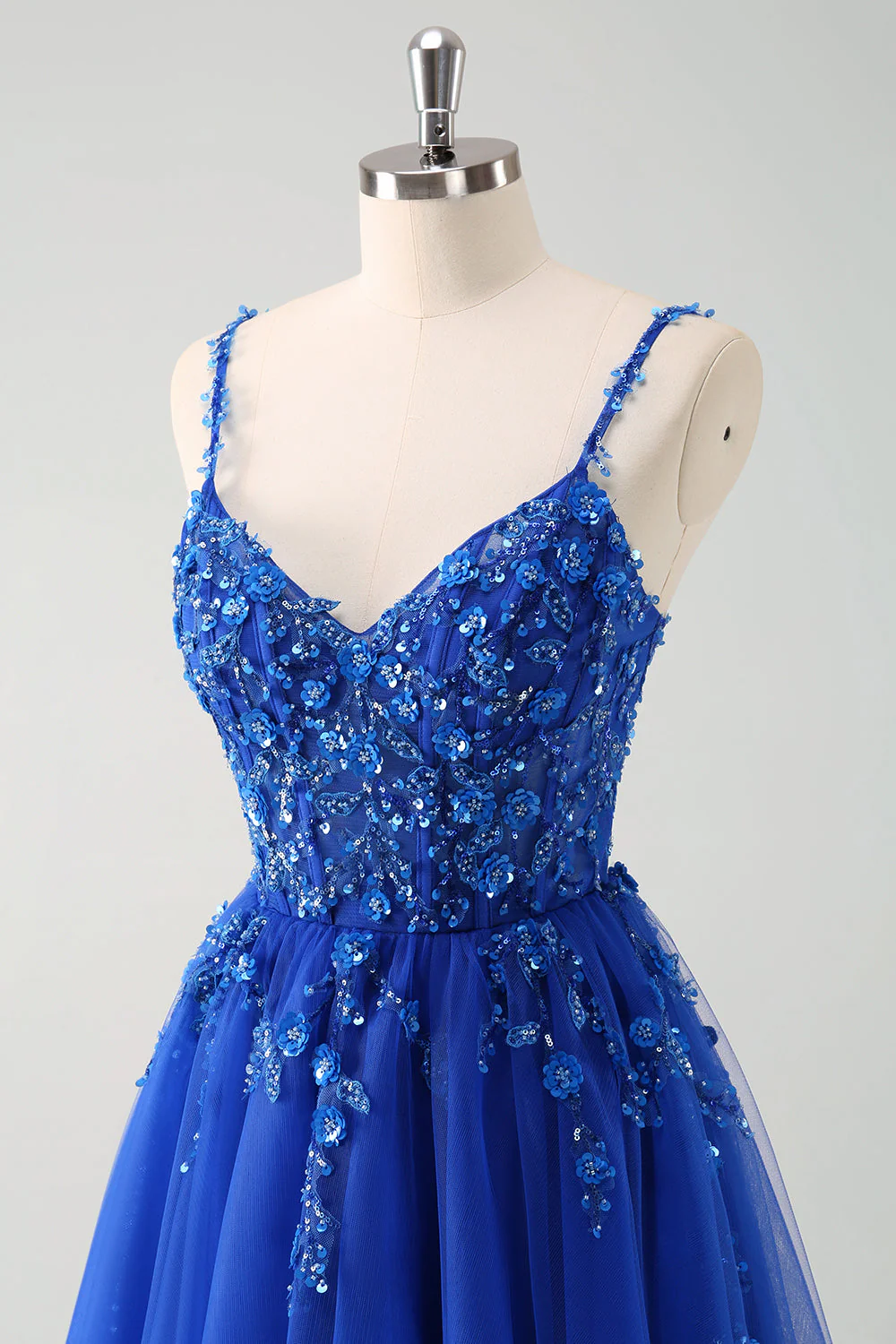 Sparkly A-Line Royal Blue Spaghetti Straps Corset Long Prom Dress - Image 6