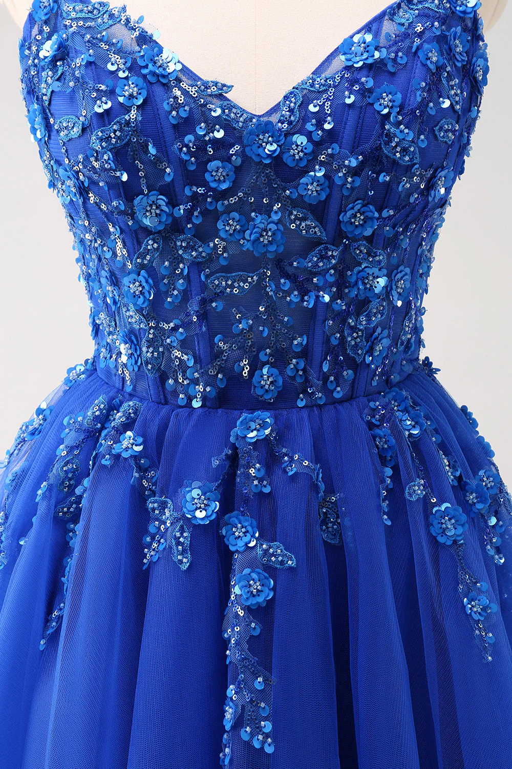 Sparkly A-Line Royal Blue Spaghetti Straps Corset Long Prom Dress - Image 7