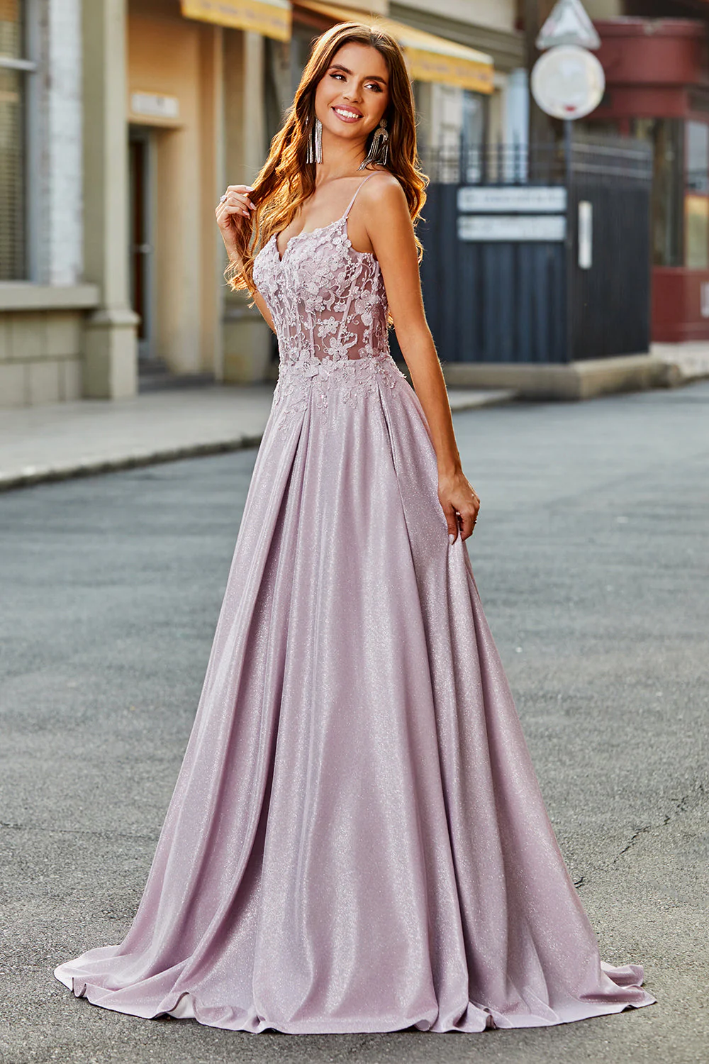Sparkly A-Line Spaghetti Straps Blush Prom Dress with Beading - Image 5