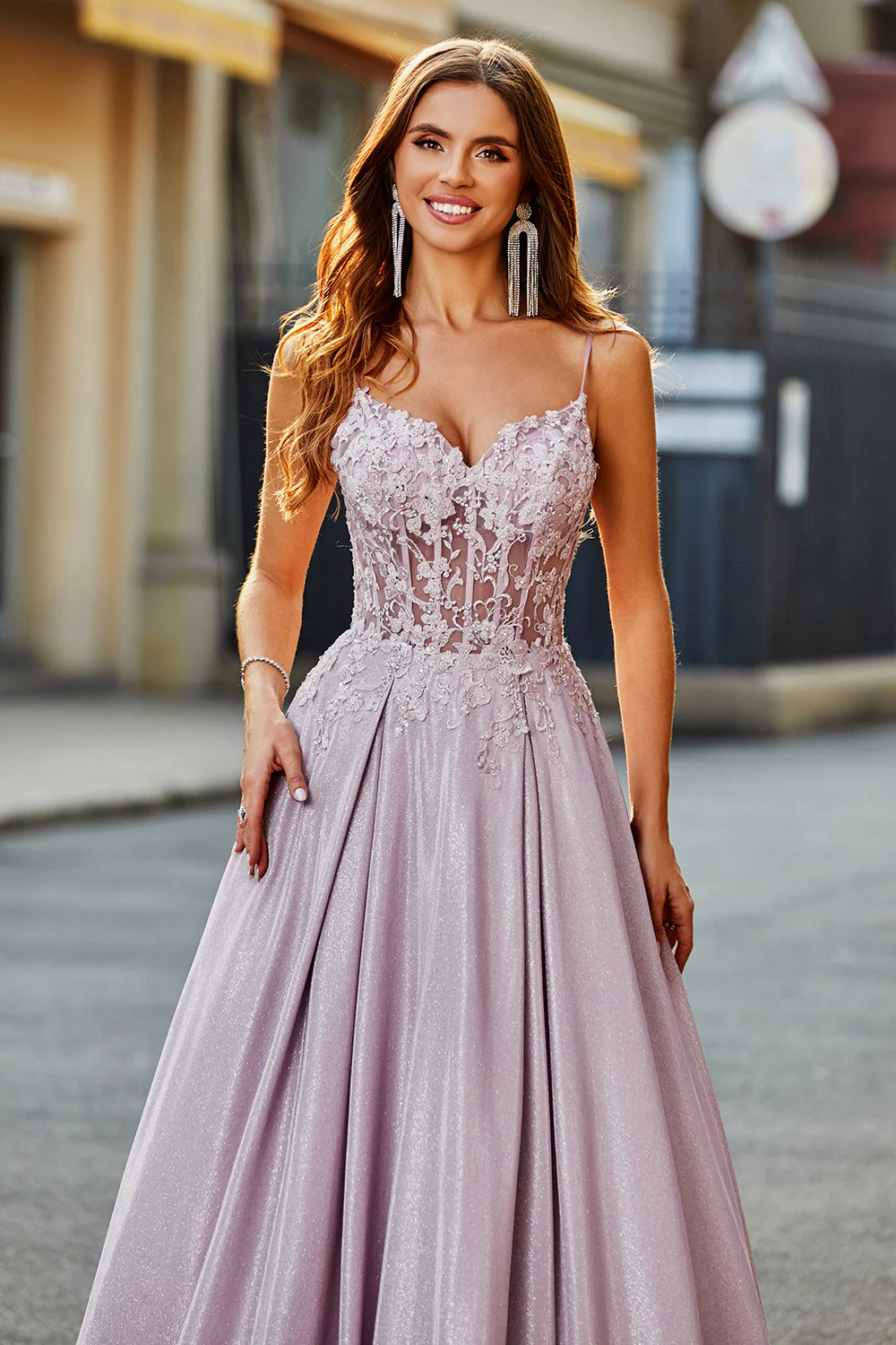 Sparkly A-Line Spaghetti Straps Blush Prom Dress with Beading - Image 6