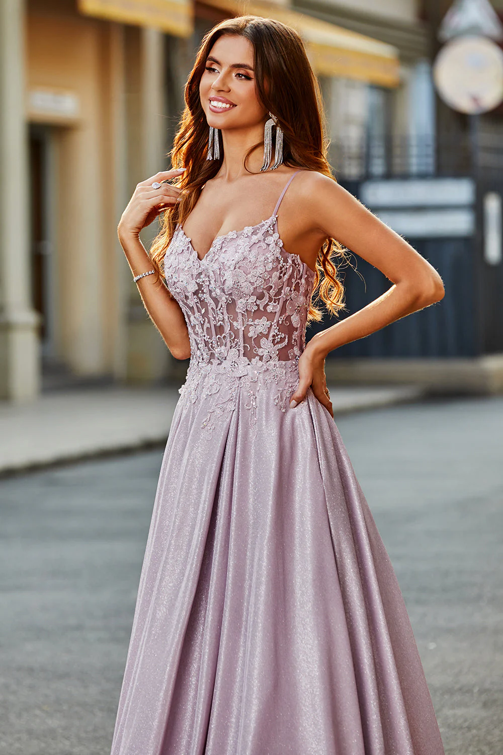 Sparkly A-Line Spaghetti Straps Blush Prom Dress with Beading - Image 7
