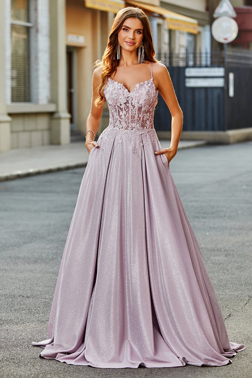 Sparkly A-Line Spaghetti Straps Blush Prom Dress with Beading - Image 8
