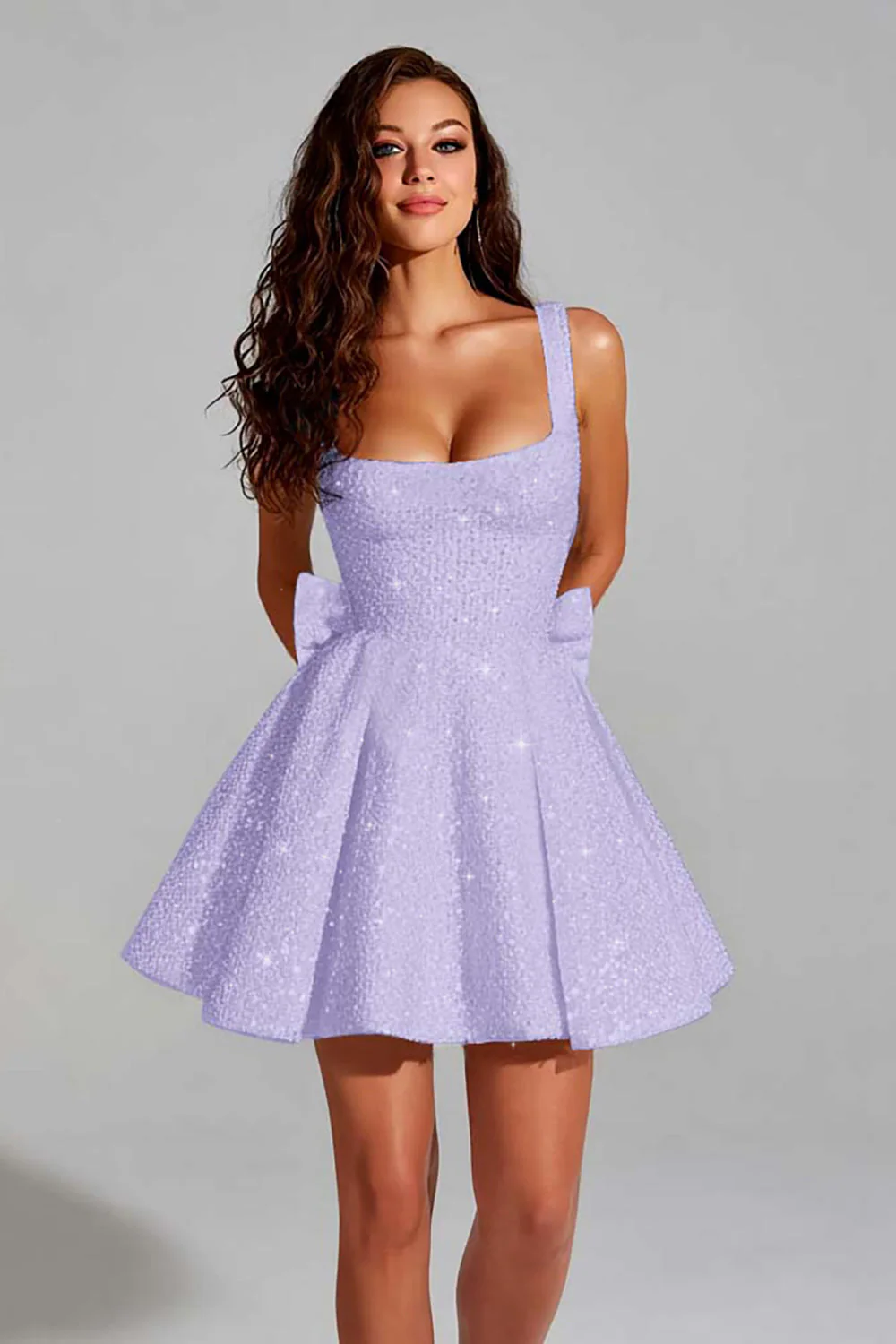 Sparkly Ivory A Line Square Neck Sequin Short Graduation Dress with Back Giant Bow - Image 11