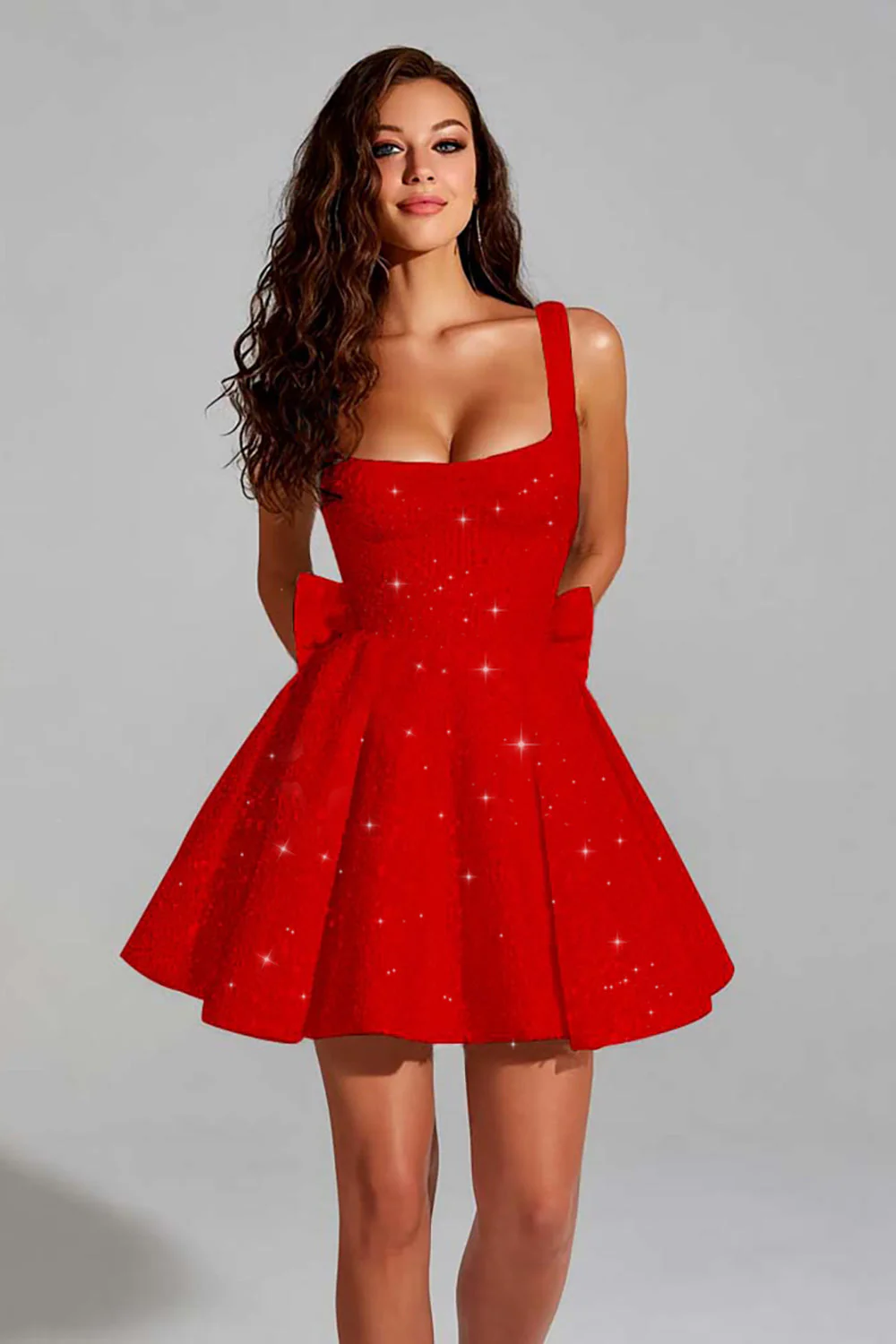 Sparkly Ivory A Line Square Neck Sequin Short Graduation Dress with Back Giant Bow - Image 12