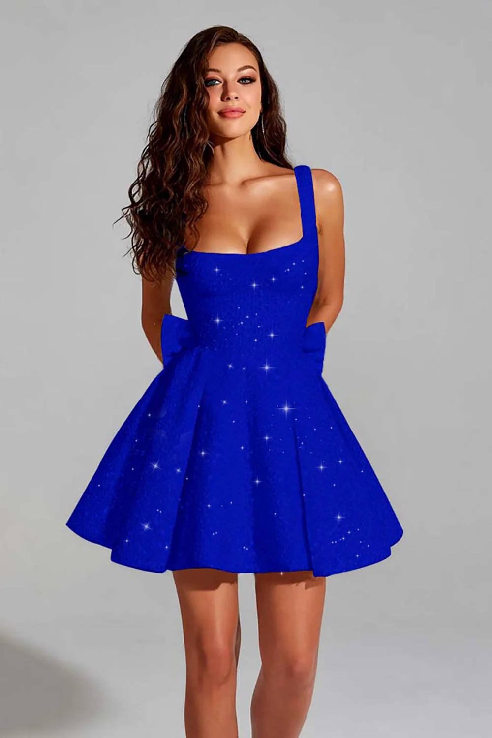 Sparkly Ivory A Line Square Neck Sequin Short Graduation Dress with Back Giant Bow - Image 13