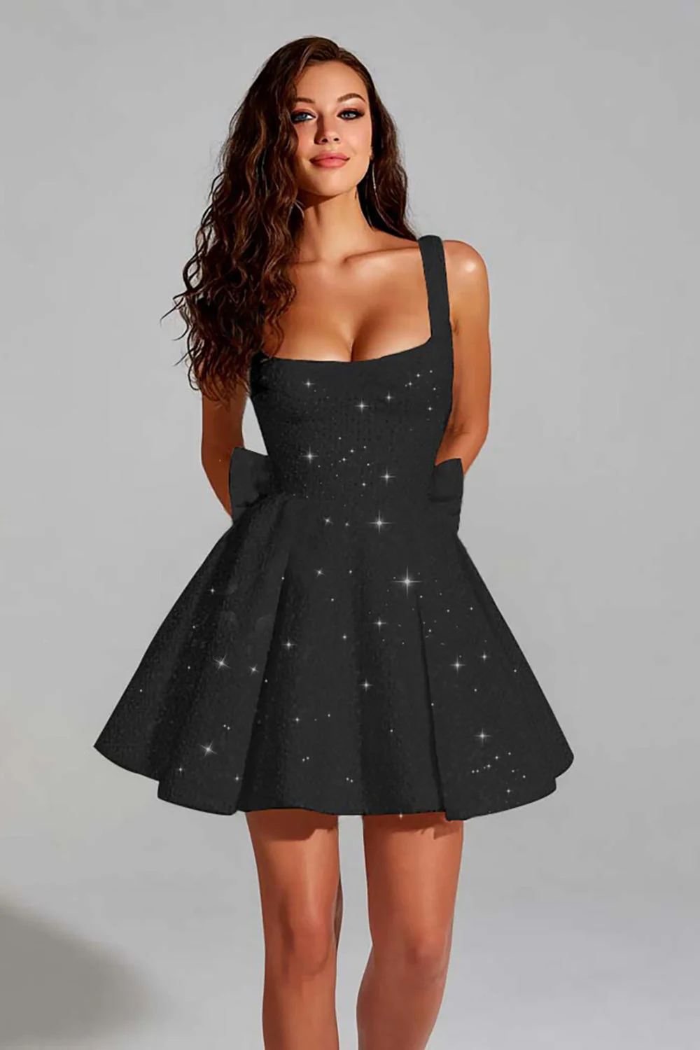 Sparkly Ivory A Line Square Neck Sequin Short Graduation Dress with Back Giant Bow - Image 4