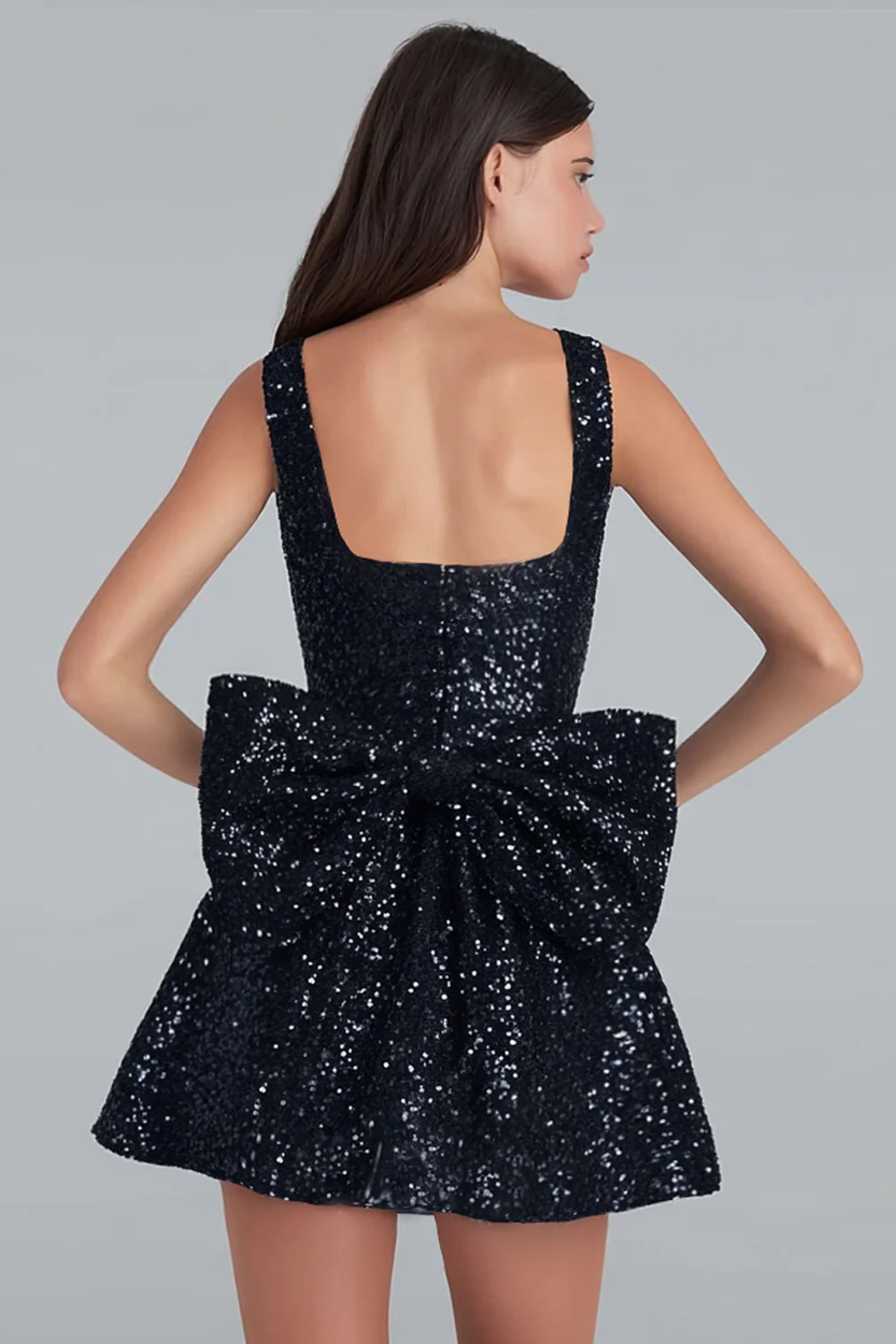 Sparkly Ivory A Line Square Neck Sequin Short Graduation Dress with Back Giant Bow - Image 5