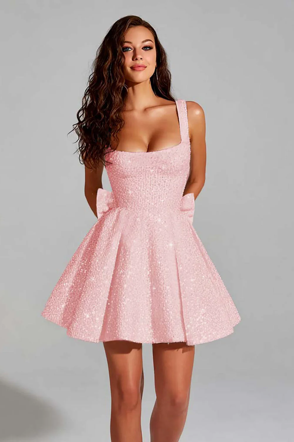Sparkly Ivory A Line Square Neck Sequin Short Graduation Dress with Back Giant Bow - Image 6