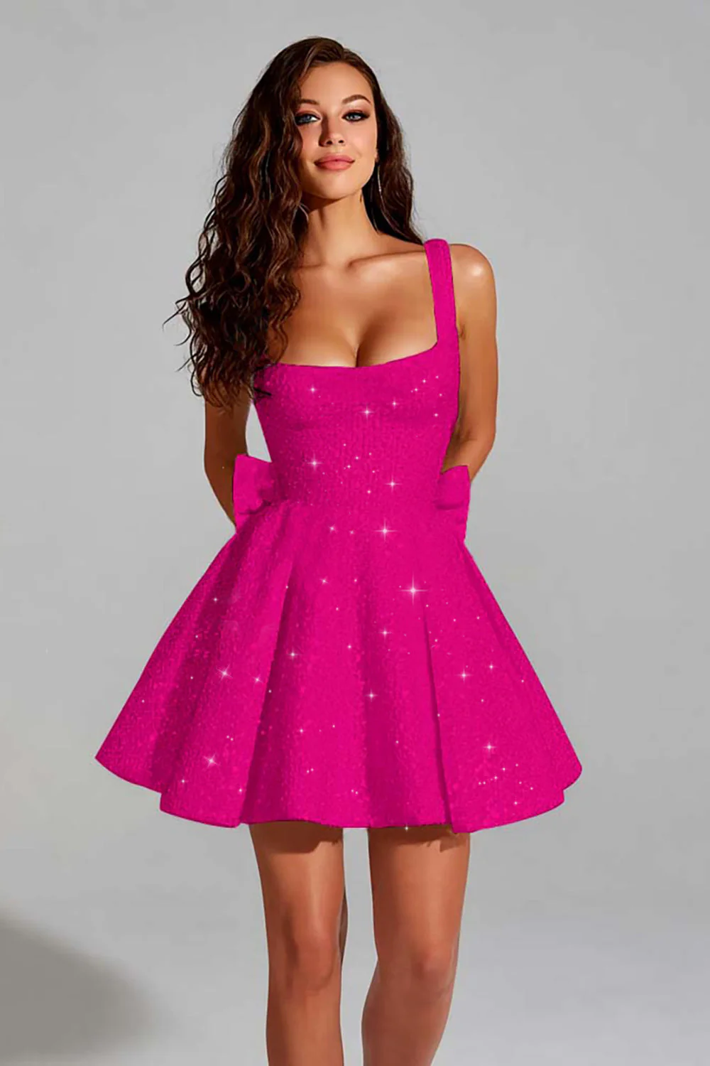 Sparkly Ivory A Line Square Neck Sequin Short Graduation Dress with Back Giant Bow - Image 7
