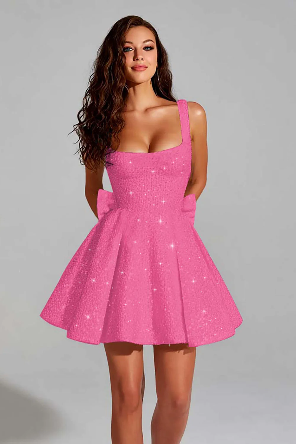 Sparkly Ivory A Line Square Neck Sequin Short Graduation Dress with Back Giant Bow - Image 8