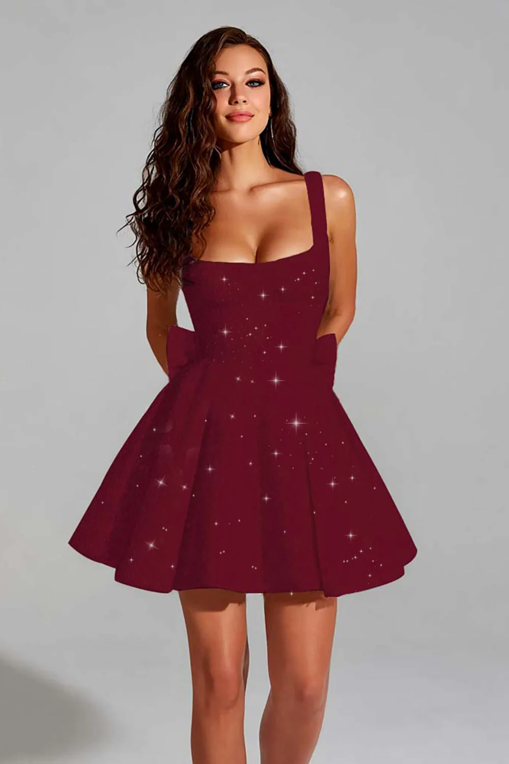 Sparkly Ivory A Line Square Neck Sequin Short Graduation Dress with Back Giant Bow - Image 9