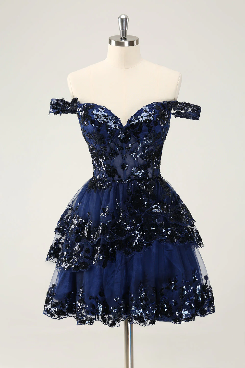 Sparkly Black A Line Off The Shoulder Corset Tiered Lace Short Graduation Dress - Image 10