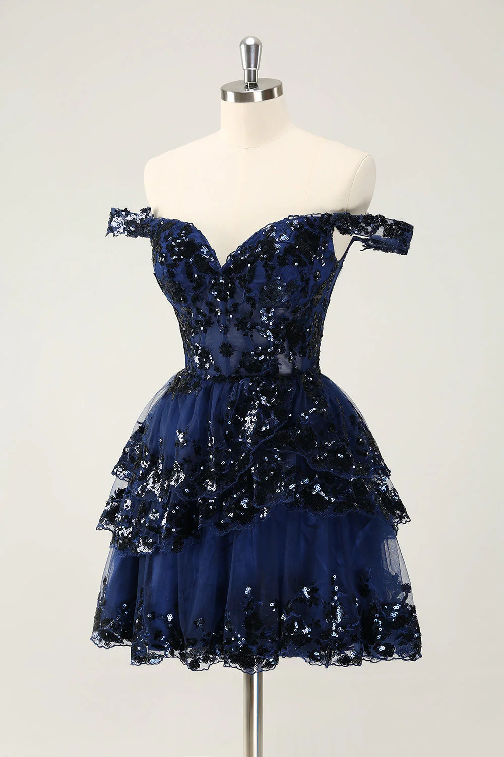 Sparkly Black A Line Off The Shoulder Corset Tiered Lace Short Graduation Dress - Image 12
