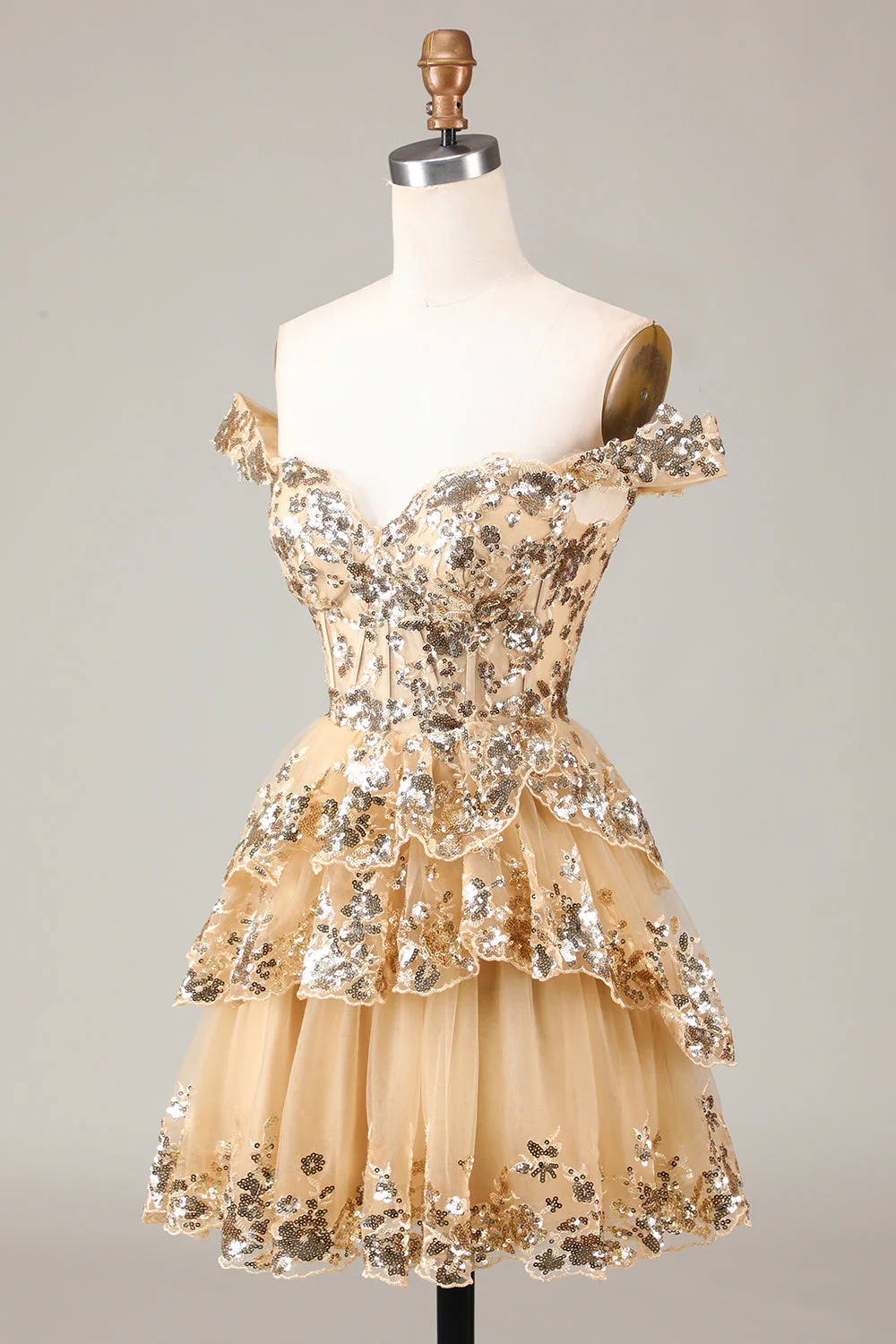 Sparkly Black A Line Off The Shoulder Corset Tiered Lace Short Graduation Dress - Image 18