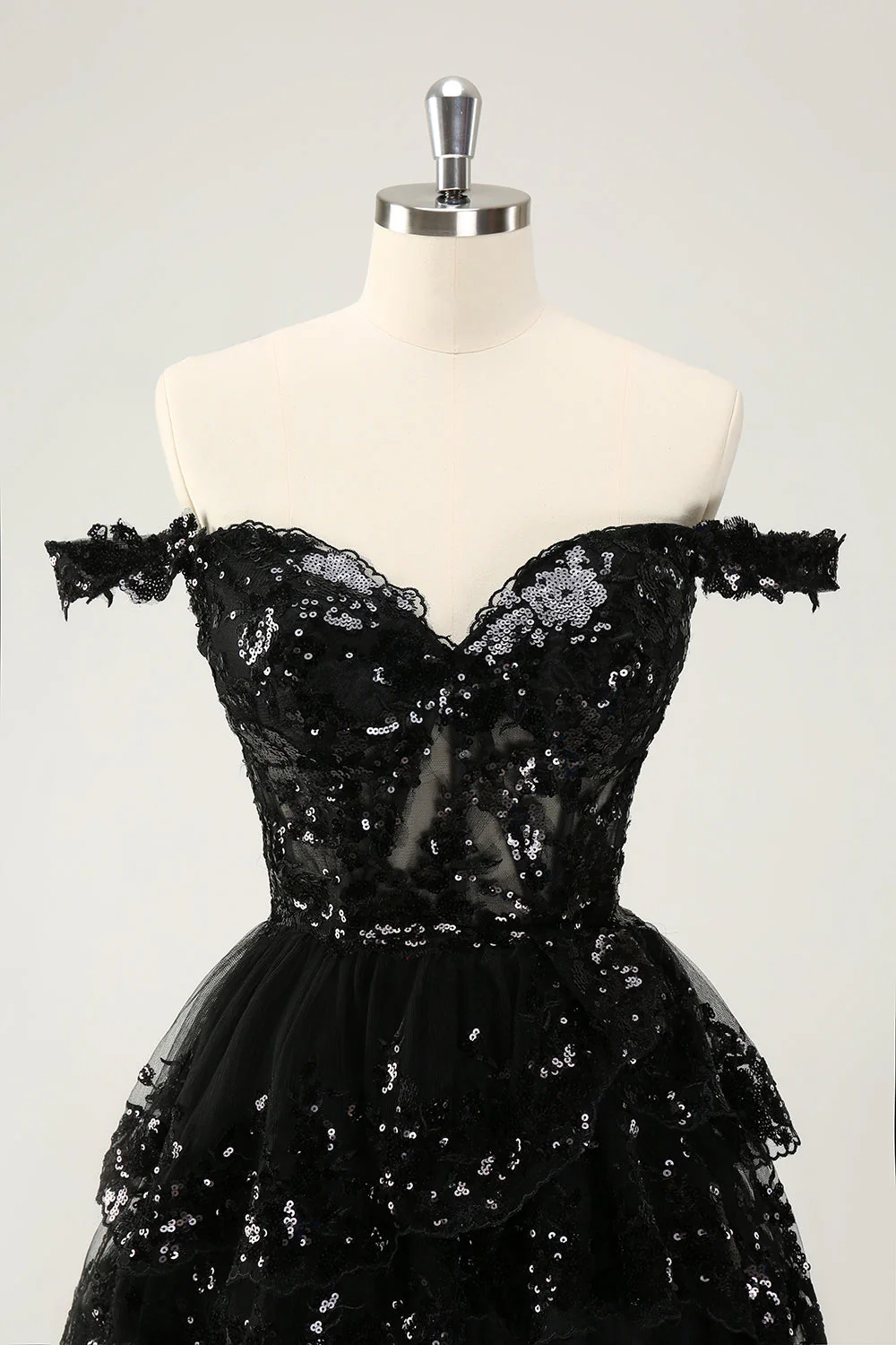 Sparkly Black A Line Off The Shoulder Corset Tiered Lace Short Graduation Dress - Image 4