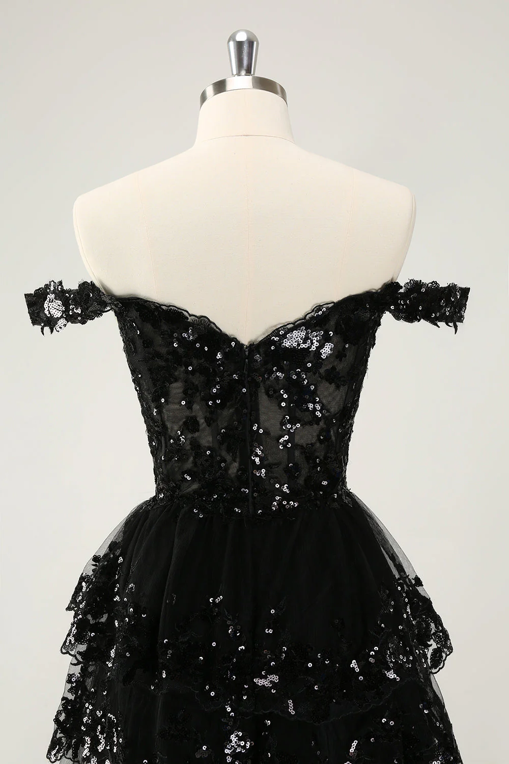 Sparkly Black A Line Off The Shoulder Corset Tiered Lace Short Graduation Dress - Image 5