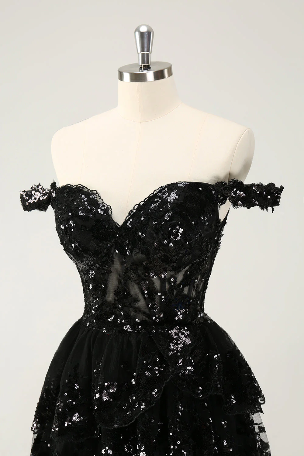 Sparkly Black A Line Off The Shoulder Corset Tiered Lace Short Graduation Dress - Image 6