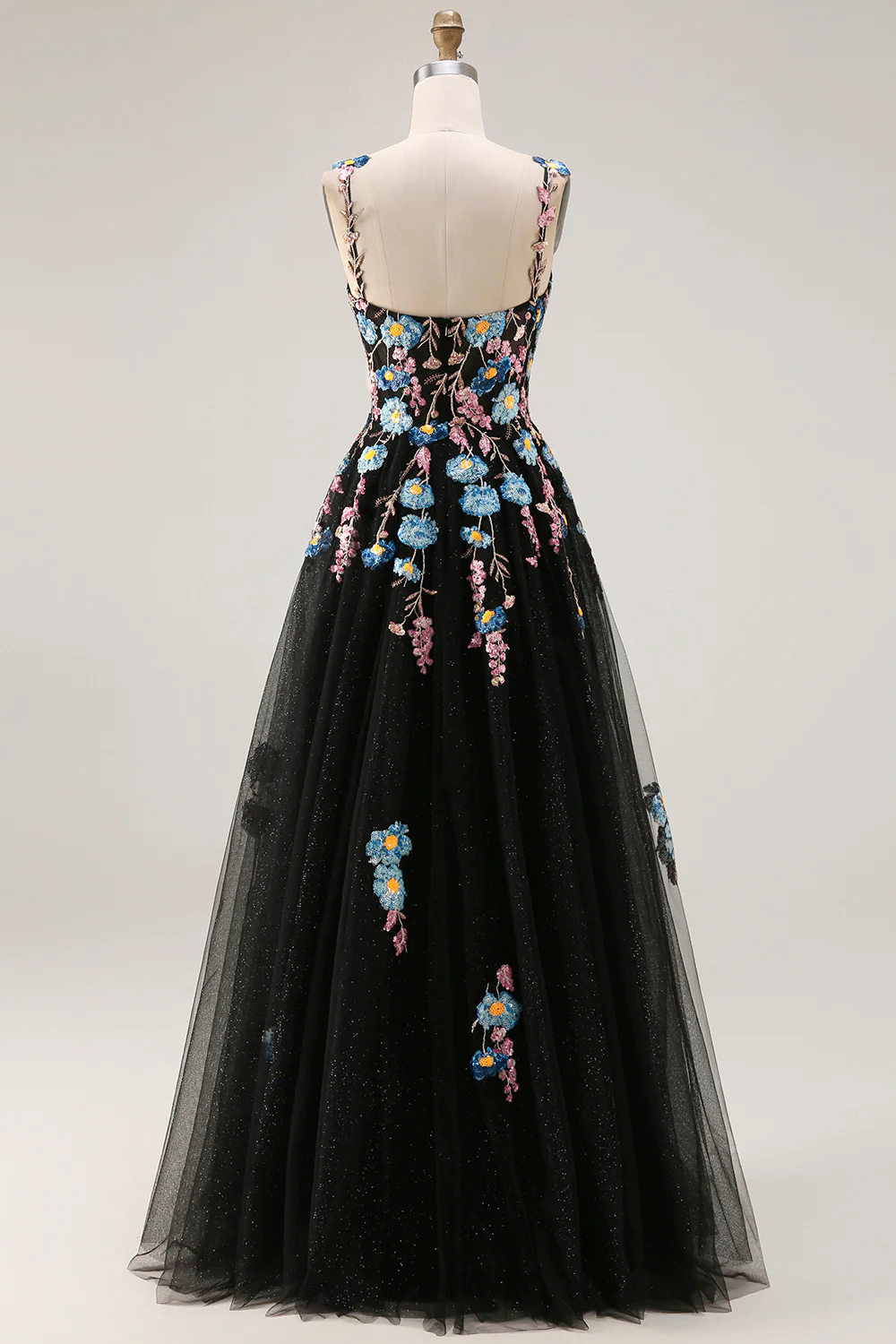 Sparkly Black A-Line Tulle Sequin Long Prom Dress with Slit - Image 2