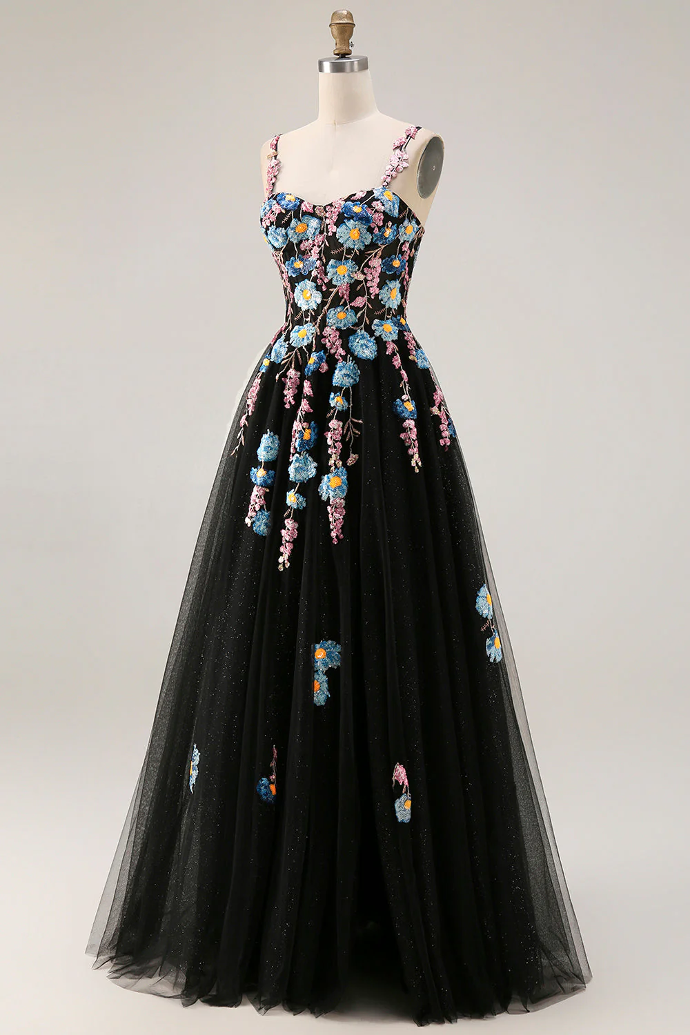 Sparkly Black A-Line Tulle Sequin Long Prom Dress with Slit - Image 3