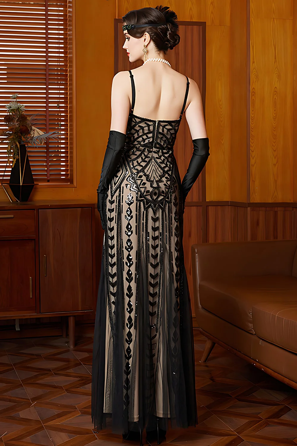 Sparkly Black Apricot Sheath Spaghetti Straps Long 1920s Dress with Sequins - Image 2