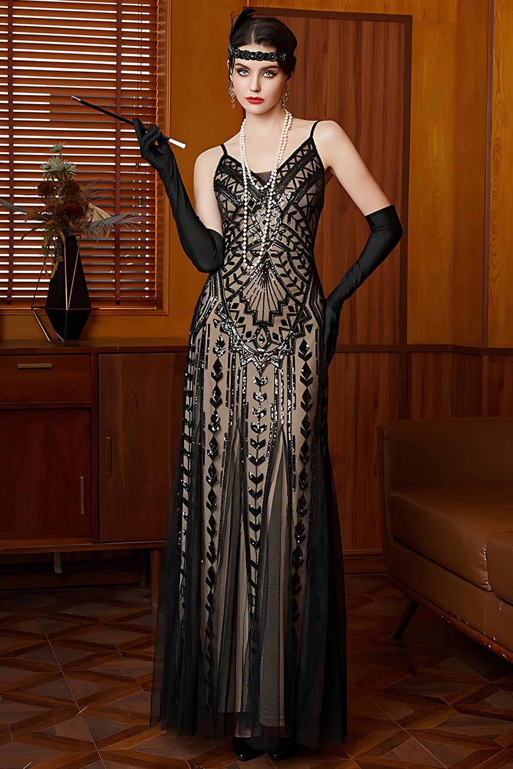 Sparkly Black Apricot Sheath Spaghetti Straps Long 1920s Dress with Sequins - Image 3