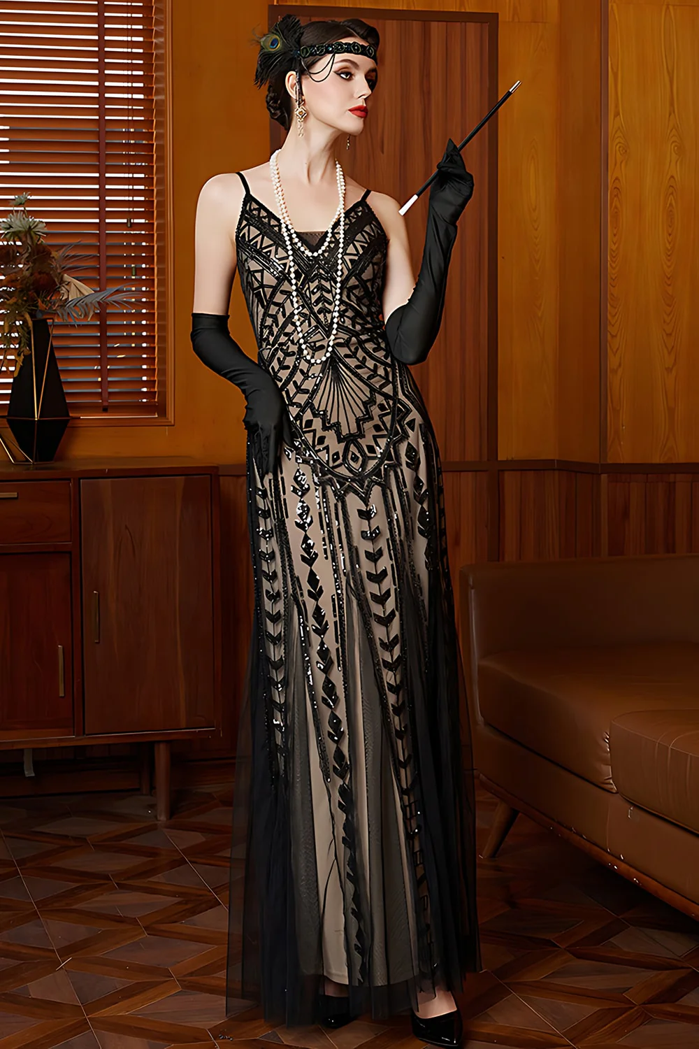 Sparkly Black Apricot Sheath Spaghetti Straps Long 1920s Dress with Sequins - Image 5