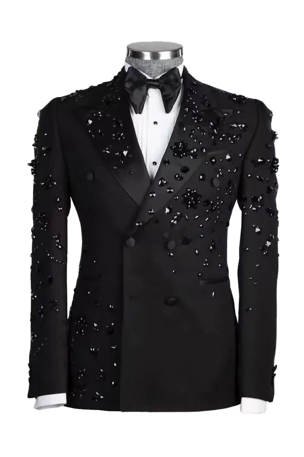 Sparkly Black Beaded Peaked Lapel Double Breasted 2-piece Men's Prom Suits - Image 2
