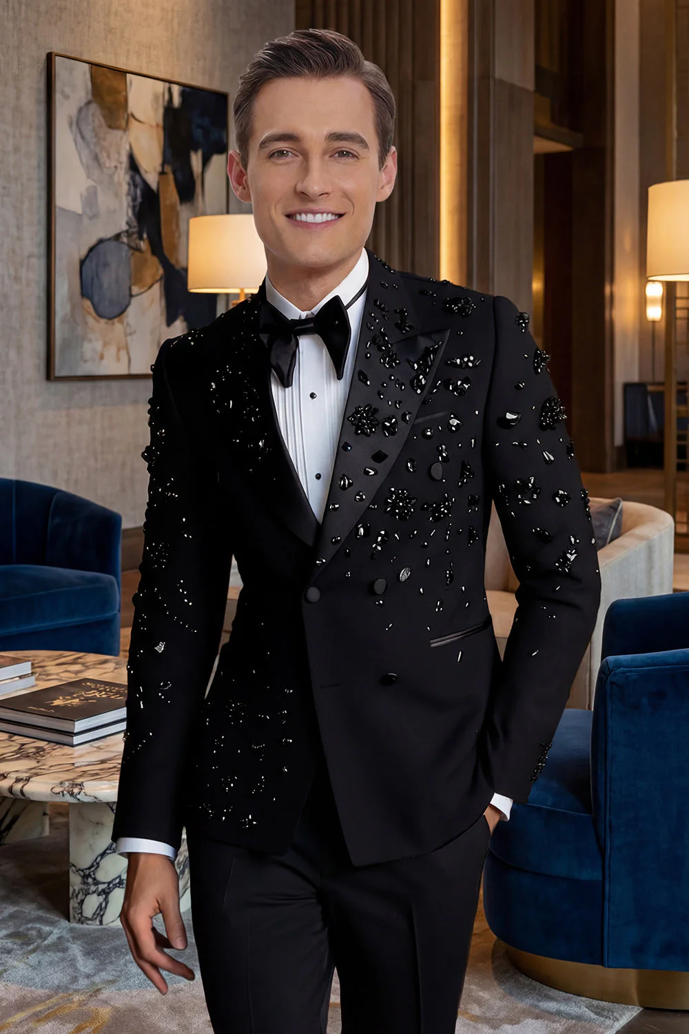 Sparkly Black Beaded Peaked Lapel Double Breasted 2-piece Men's Prom Suits - Image 3