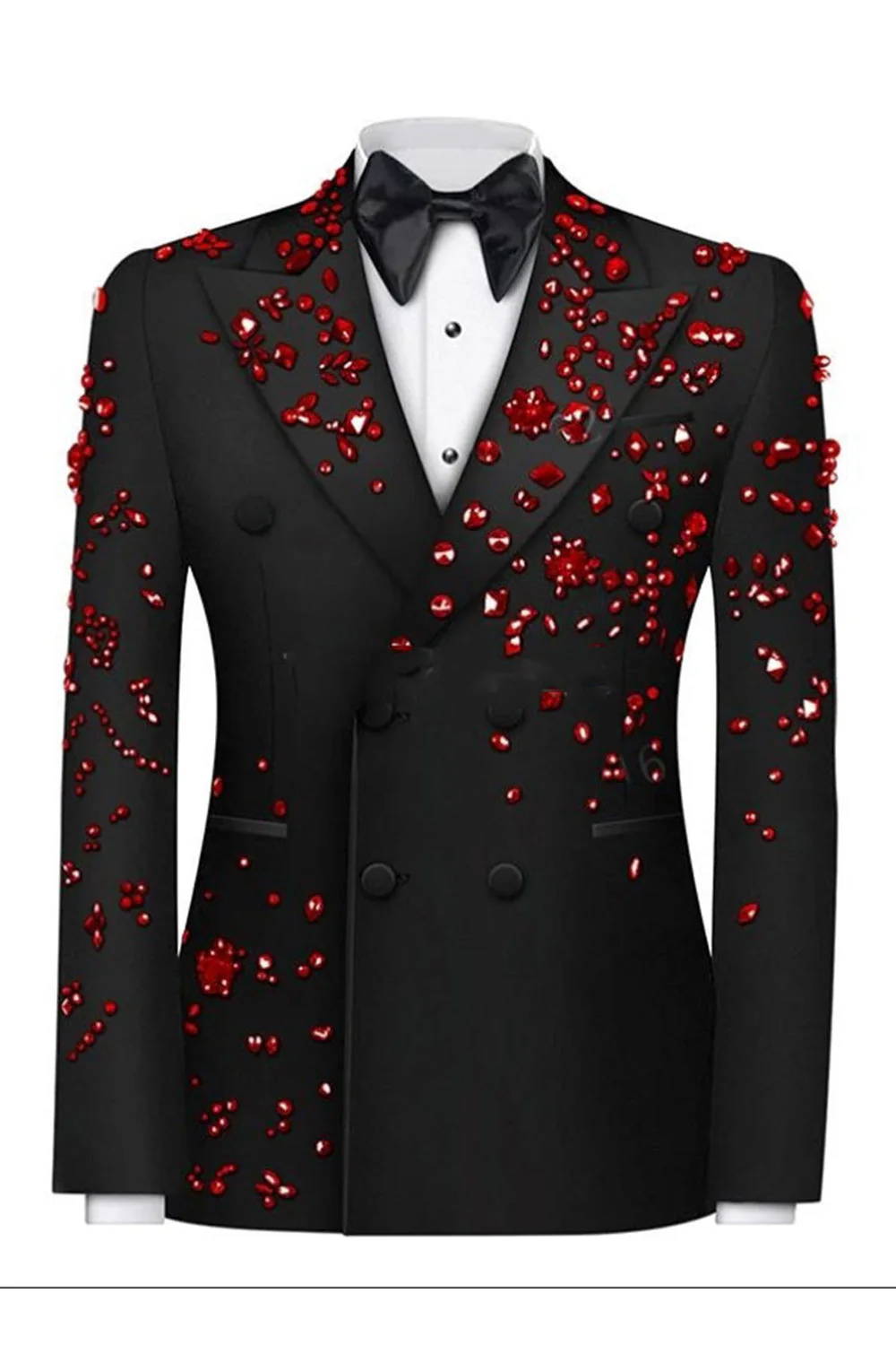 Sparkly Black Beaded Peaked Lapel Double Breasted 2-piece Men's Prom Suits - Image 7