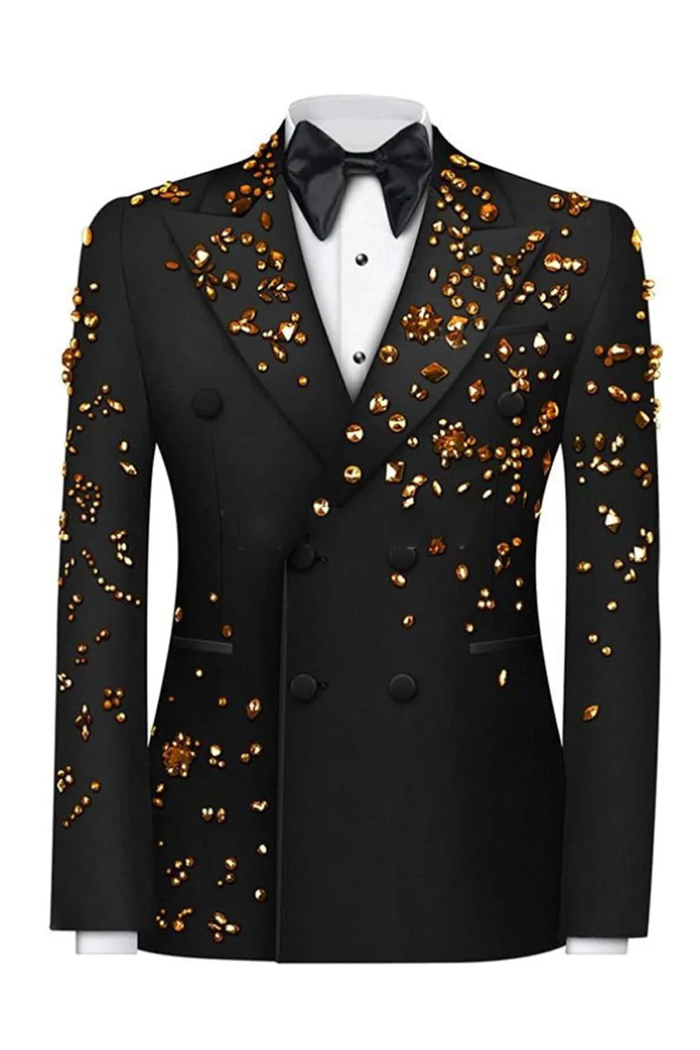 Sparkly Black Beaded Peaked Lapel Double Breasted 2-piece Men's Prom Suits - Image 8