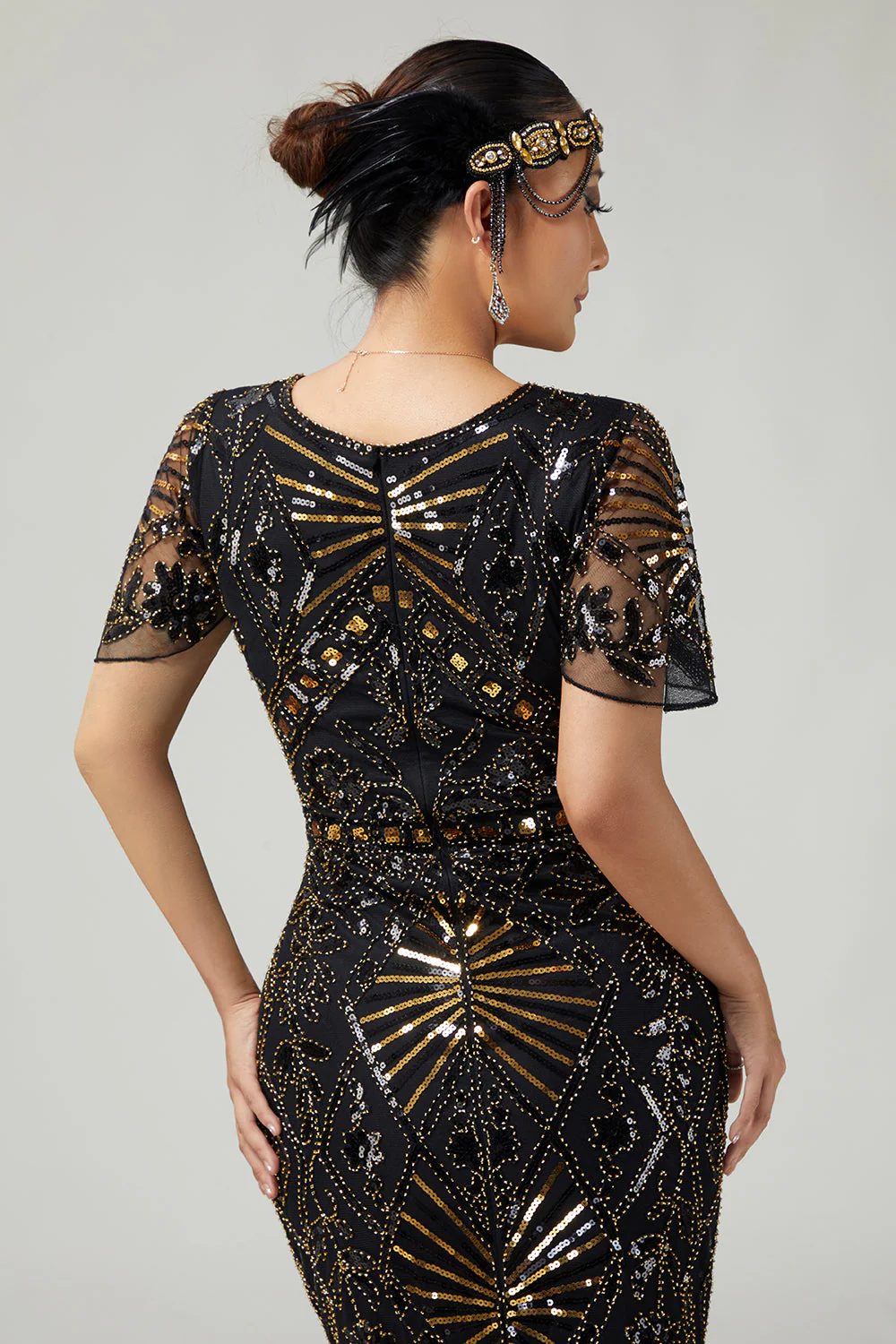 Sparkly Black Blue Fringed 1920s Dress With Short Sleeves - Image 12
