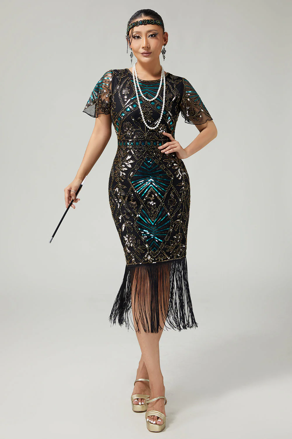 Sparkly Black Blue Fringed 1920s Dress With Short Sleeves - Image 6