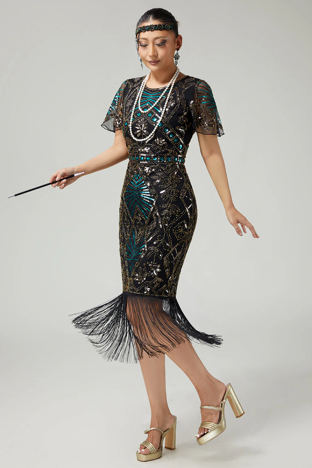 Sparkly Black Blue Fringed 1920s Dress With Short Sleeves - Image 7