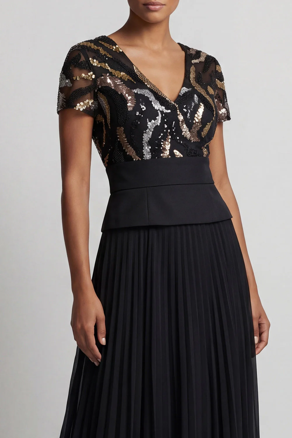 Sparkly Black Pleated Chiffon A Line Long Mother Of the Bride Dress - Image 3