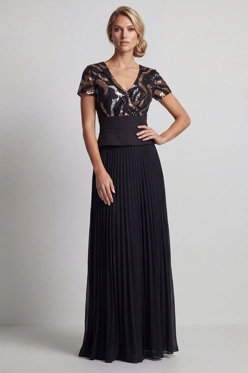 Sparkly Black Pleated Chiffon A Line Long Mother Of the Bride Dress - Image 5
