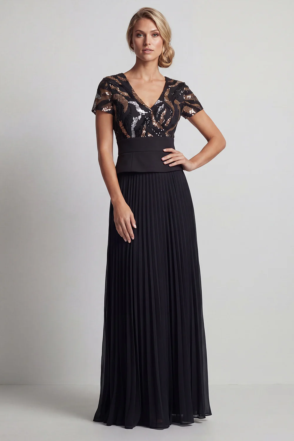 Sparkly Black Pleated Chiffon A Line Long Mother Of the Bride Dress - Image 6