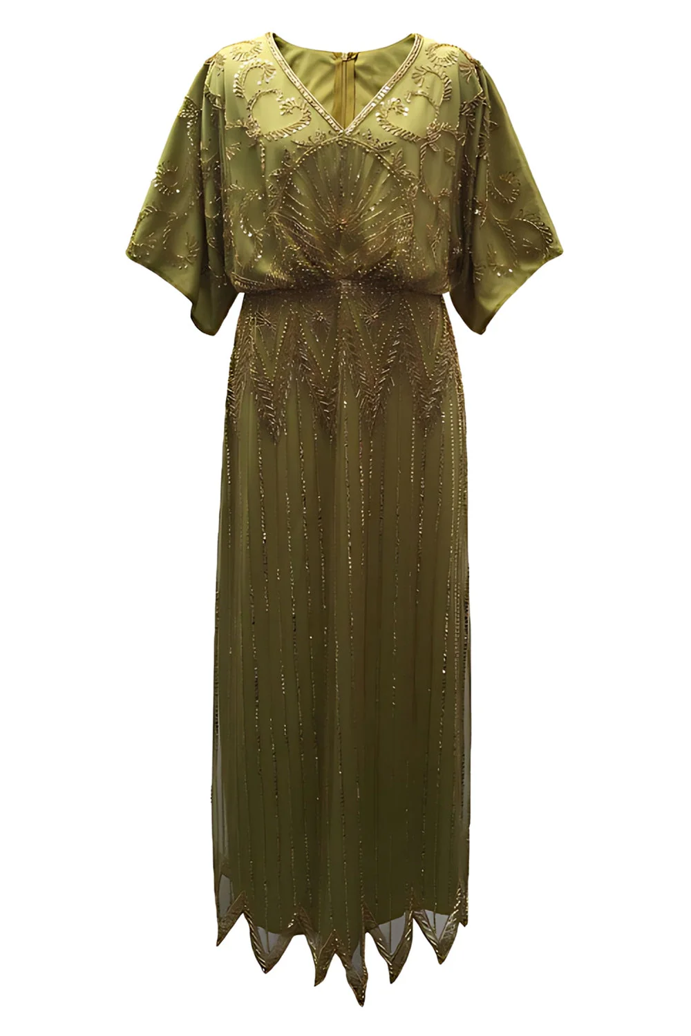 Sparkly Black Golden Beaded Sequins V-Neck Long 1920s Dress - Image 3