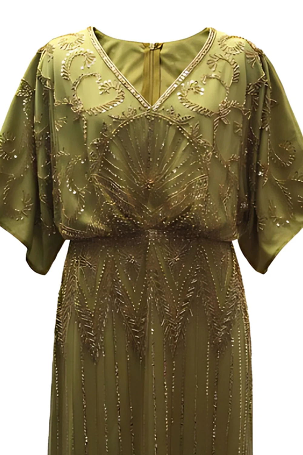 Sparkly Black Golden Beaded Sequins V-Neck Long 1920s Dress - Image 4