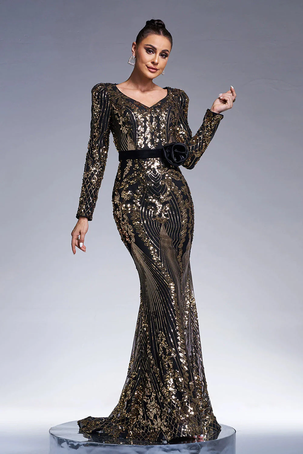 Sparkly Black Golden Long Sleeves Sheath Long Evening Dress with Sequin Embroidery - Image 6