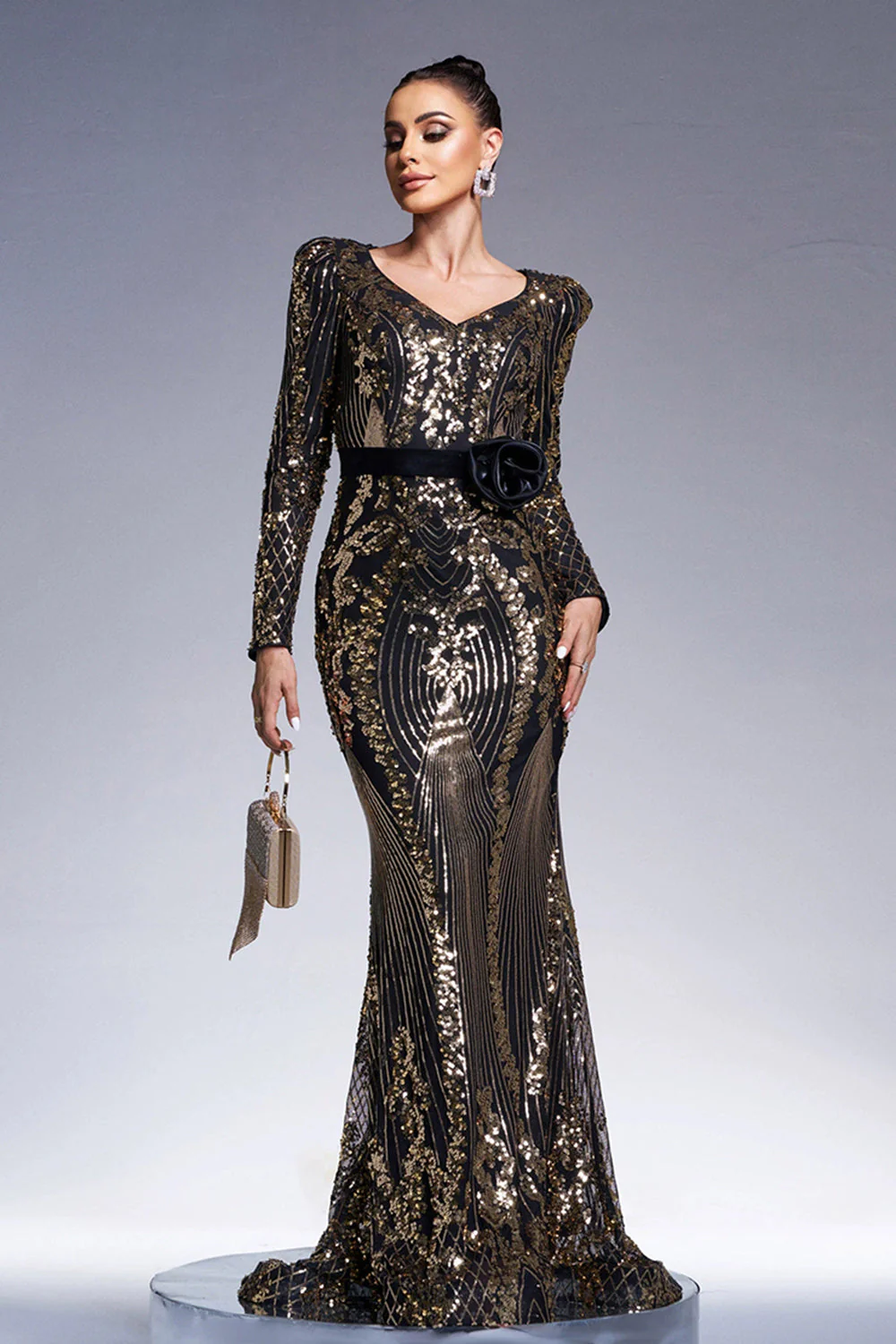 Sparkly Black Golden Long Sleeves Sheath Long Evening Dress with Sequin Embroidery - Image 7