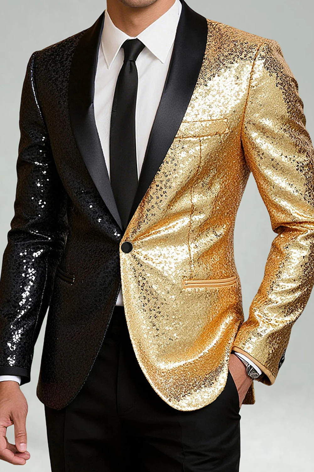 Sparkly Black Golden Shawl Lapel Single Buckle Men's Prom Blazer - Image 3