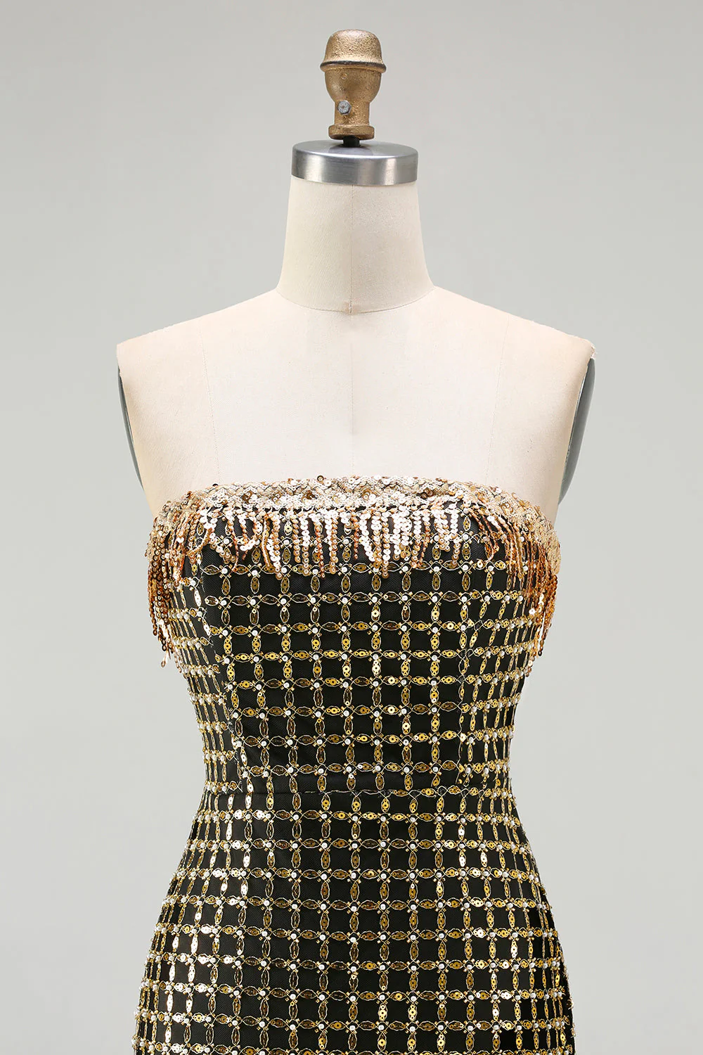 Sparkly Black Golden Strapless Sheath Sequins Beaded Long Prom Dress with Slit - Image 4
