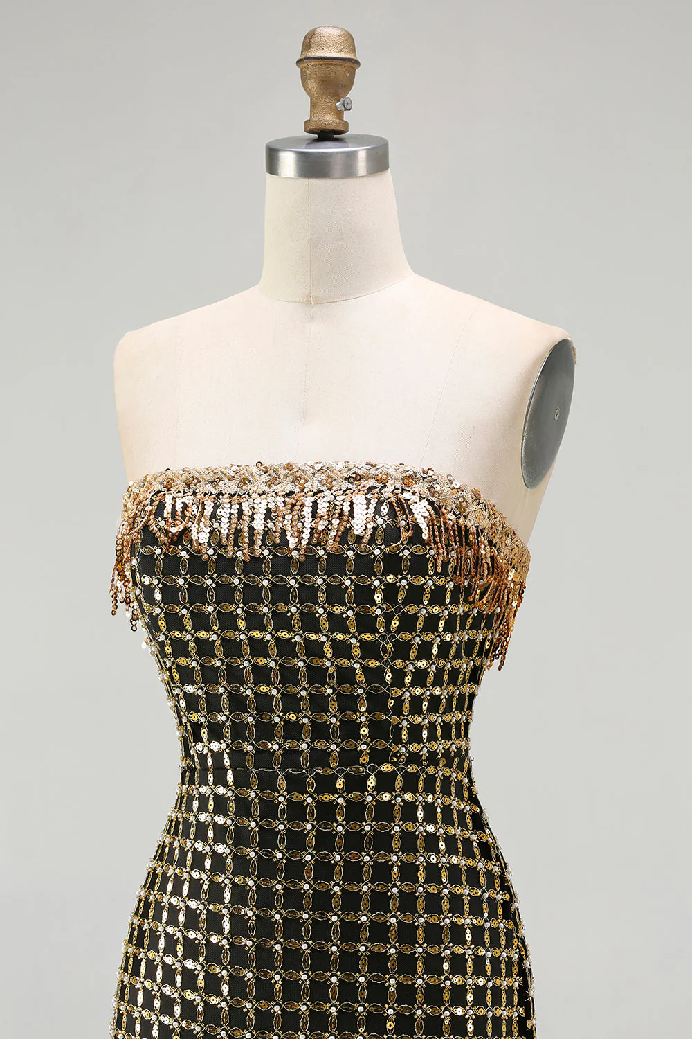 Sparkly Black Golden Strapless Sheath Sequins Beaded Long Prom Dress with Slit - Image 6