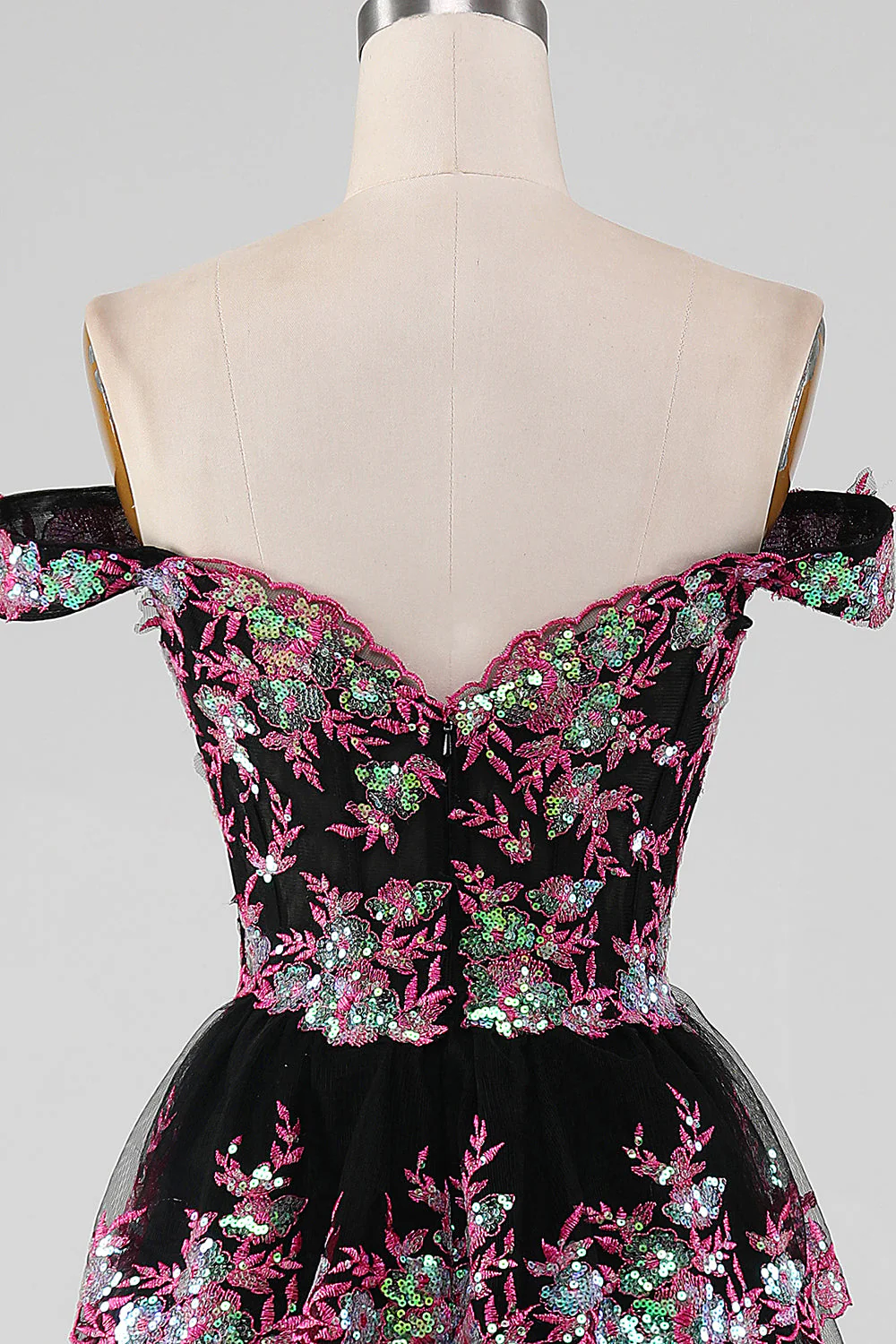 Sparkly Black Golden Tiered Lace A-Line Long Prom Dress with Slit - Image 5