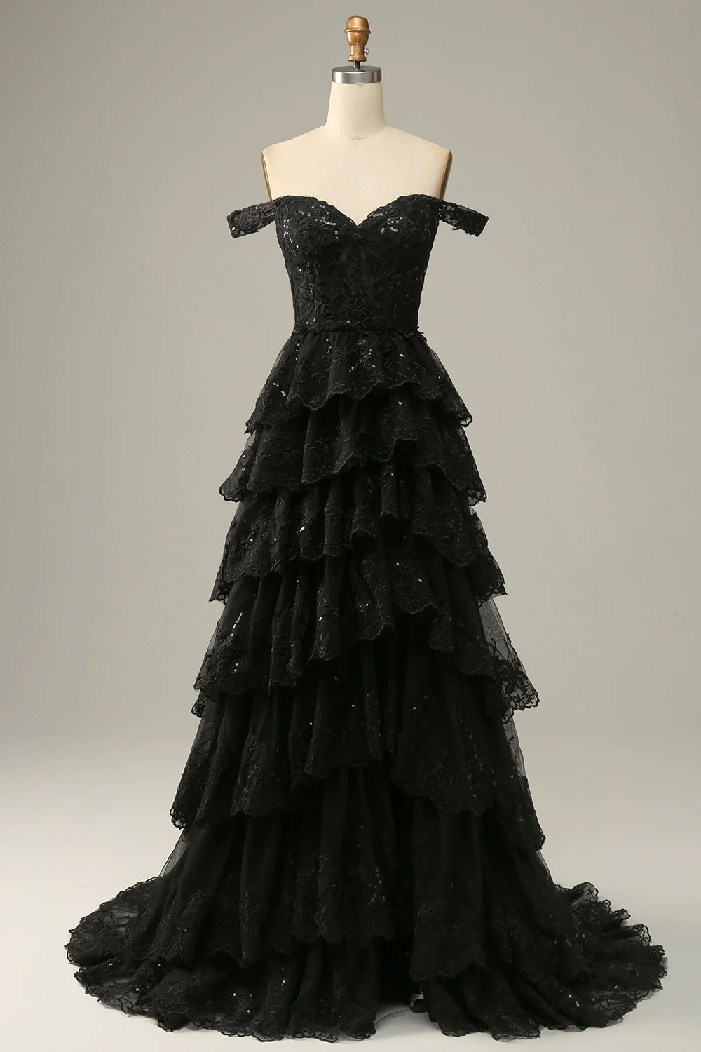 Sparkly Black Golden Tiered Lace A-Line Long Prom Dress with Slit - Image 7